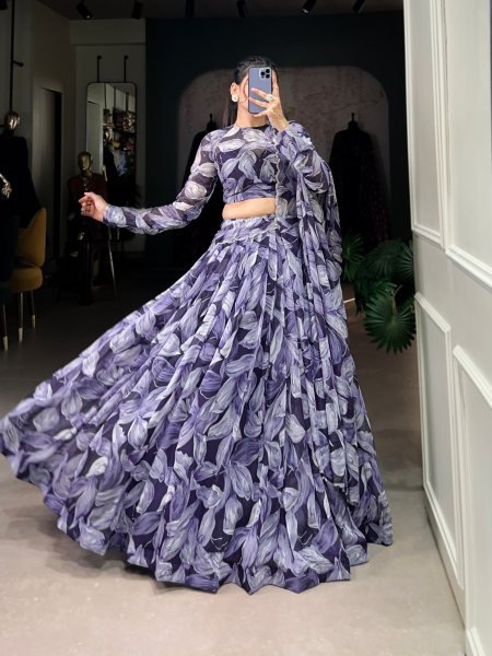 Spectacular Navy Blue Digital Printed Silk Festival Wear Lehenga Choli 