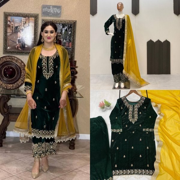 Splendid Velvet Sequin Embroidery Suit with Plazzo and Moti Lace Dupatta for Reseller at Bulk Price Ready To Wear Collection
