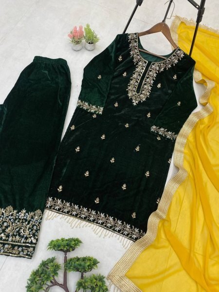 Splendid Velvet Sequin Embroidery Suit with Plazzo and Moti Lace Dupatta for Reseller at Bulk Price Ready To Wear Collection