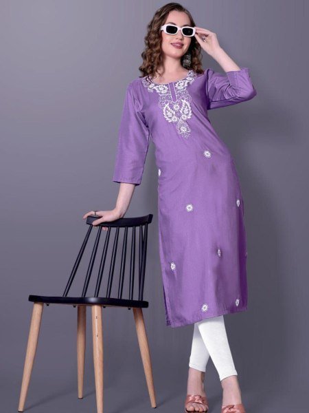 Street style Lavender  Rayon Slub Embroidery Kurti with 3 4 Sleeves for Daily Wear 