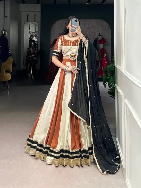 Striped Rust and Ivory Lehenga Choli for Garba Black Embroidered Dupatta Navratri Lehnega Choli