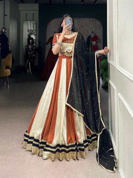 Striped Rust and Ivory Lehenga Choli for Garba Black Embroidered Dupatta Navratri Lehnega Choli