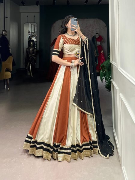 Striped Rust and Ivory Lehenga Choli for Garba Black Embroidered Dupatta Navratri Lehnega Choli