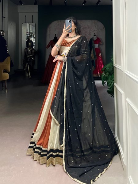 Striped Rust and Ivory Lehenga Choli for Garba Black Embroidered Dupatta Navratri Lehnega Choli