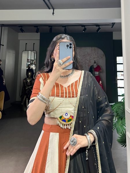 Striped Rust and Ivory Lehenga Choli for Garba Black Embroidered Dupatta Navratri Lehnega Choli