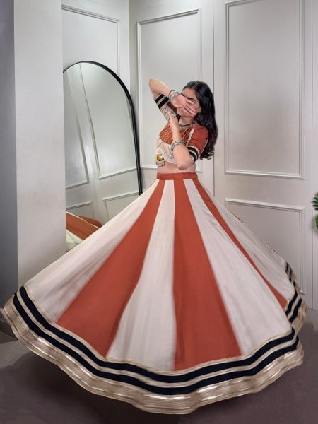 Striped Rust and Ivory Lehenga Choli for Garba Black Embroidered Dupatta Navratri Lehnega Choli