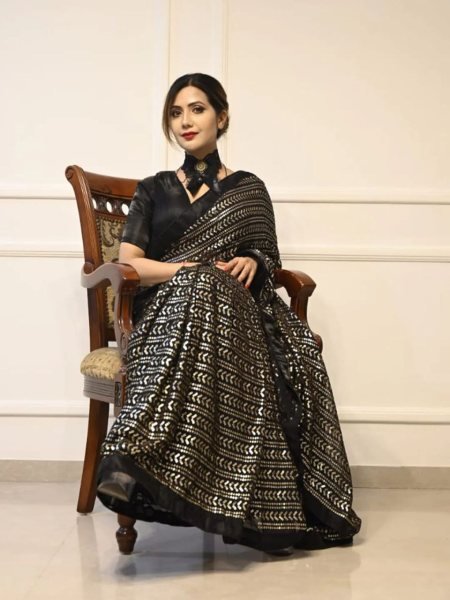 Stunning Black Georgette Saree with Full Sequins Work  & Banglori Satin Blouse Wholesale Manufacturer Rate Georgette Sarees Wholesale