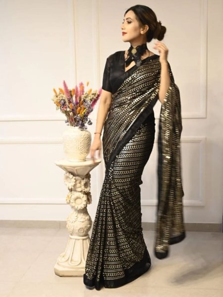 Stunning Black Georgette Saree with Full Sequins Work  & Banglori Satin Blouse Wholesale Manufacturer Rate Georgette Sarees Wholesale