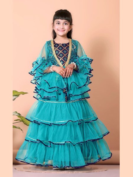 Stunning Blue Laheriya Crop Top with Net Lehenga and Jacket for Resellers Girls Wear