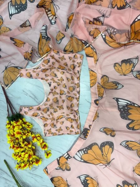 Stunning Butterflies on Lilac Lehenga Choli Floral Print Tabby Silk Set for Weddings Festivals Best Price Designer Lehenga Choli