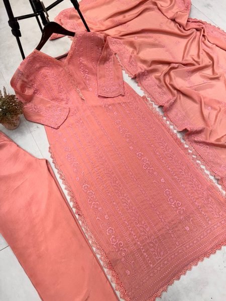 Stunning Chinon Plazzo Suit with Cotton Thread Detailing, GPO Lace Finish, and Full Stitched  Ready To Wear Collection