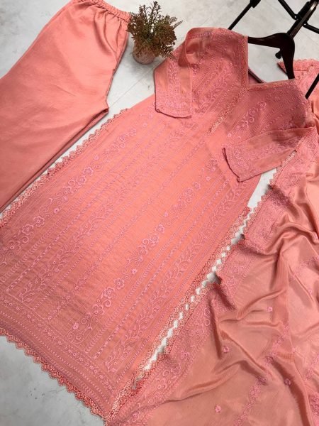 Stunning Chinon Plazzo Suit with Cotton Thread Detailing, GPO Lace Finish, and Full Stitched  Ready To Wear Collection