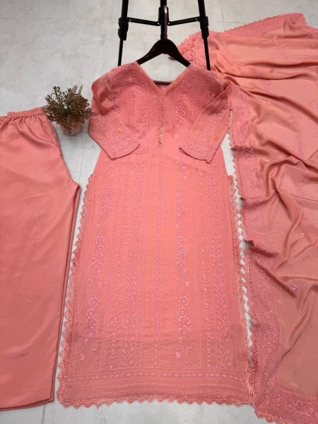 Stunning Chinon Plazzo Suit with Cotton Thread Detailing, GPO Lace Finish, and Full Stitched  Ready To Wear Collection