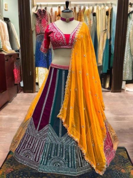 Stunning Choice for Weddings Royal Multicolor Georgette Lehenga Choli Single Available   Lehenga