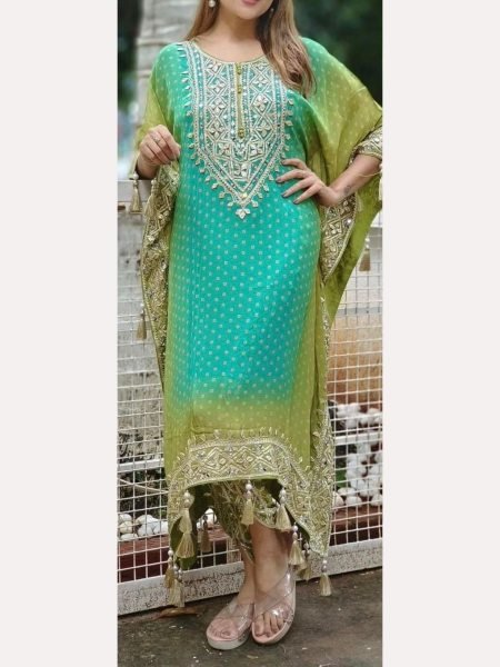 Stunning Embroidery Work Pure Chinon Silk Kaftan With Dhoti Set Kaftan 