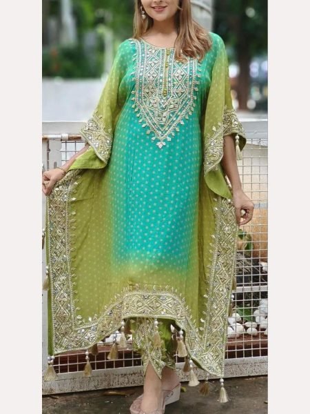 Stunning Embroidery Work Pure Chinon Silk Kaftan With Dhoti Set Kaftan 
