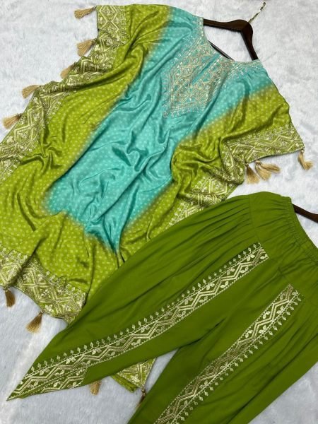 Stunning Embroidery Work Pure Chinon Silk Kaftan With Dhoti Set Kaftan 
