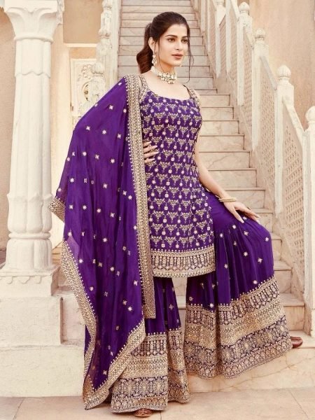 Stunning Faux Georgette Sequence Work Embroidered Sharara Suit for Wedding Wear Ready To Wear Collection