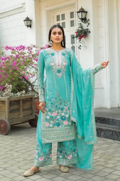 Stunning Festive Wear Chinon Silk Plazzo Suit Set With Heavy Embroidery, Hand Diamond Work on Stitched Top & Palazzo, and Beautiful Cutwork Dupatta  Ready To Wear Collection
