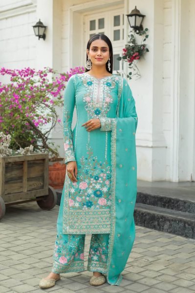 Stunning Festive Wear Chinon Silk Plazzo Suit Set With Heavy Embroidery, Hand Diamond Work on Stitched Top & Palazzo, and Beautiful Cutwork Dupatta  Ready To Wear Collection