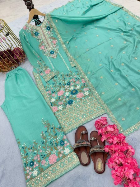 Stunning Festive Wear Chinon Silk Plazzo Suit Set With Heavy Embroidery, Hand Diamond Work on Stitched Top & Palazzo, and Beautiful Cutwork Dupatta  Ready To Wear Collection