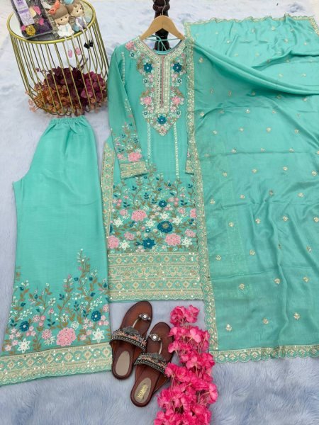 Stunning Festive Wear Chinon Silk Plazzo Suit Set With Heavy Embroidery, Hand Diamond Work on Stitched Top & Palazzo, and Beautiful Cutwork Dupatta  Ready To Wear Collection