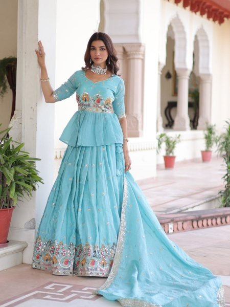 Stunning Gold Crush Multi Thread Embroidered  Lehenga with Peplum Blouse   Heavy Dupatta at Manufacturer Rate for Reseller   Lehenga