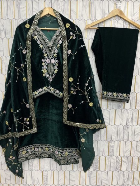 Stunning Green Fully Stitched Velvet Suit Set With Sequence Embroidery for Festice Wear Shop by Occasion