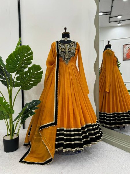 Stunning Mustered Yellow Viscose Velvet Sequence Work Gown with Dupatta Salwar Kameez