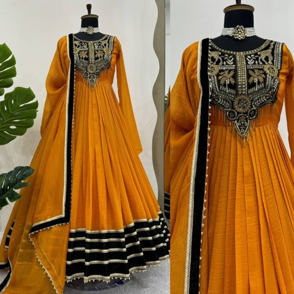 Stunning Mustered Yellow Viscose Velvet Sequence Work Gown with Dupatta Anarakali Gown Wholesale