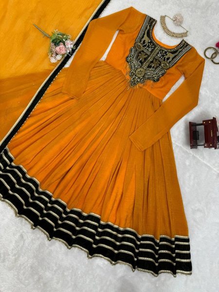 Stunning Mustered Yellow Viscose Velvet Sequence Work Gown with Dupatta Anarakali Gown Wholesale