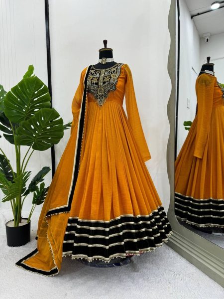 Stunning Mustered Yellow Viscose Velvet Sequence Work Gown with Dupatta Anarakali Gown Wholesale