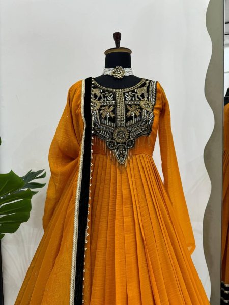 Stunning Mustered Yellow Viscose Velvet Sequence Work Gown with Dupatta Anarakali Gown Wholesale