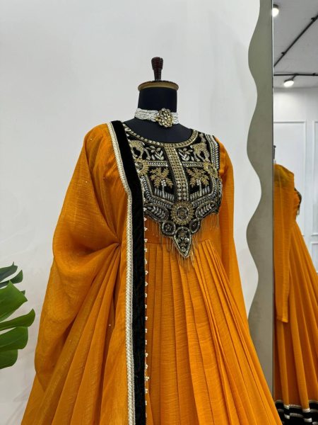 Stunning Mustered Yellow Viscose Velvet Sequence Work Gown with Dupatta Anarakali Gown Wholesale