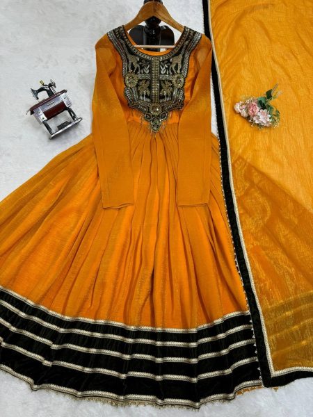 Stunning Mustered Yellow Viscose Velvet Sequence Work Gown with Dupatta Anarakali Gown Wholesale