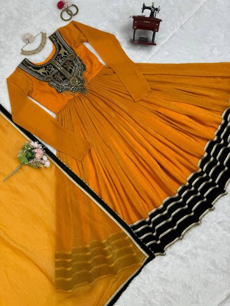 Stunning Mustered Yellow Viscose Velvet Sequence Work Gown with Dupatta Anarakali Gown Wholesale