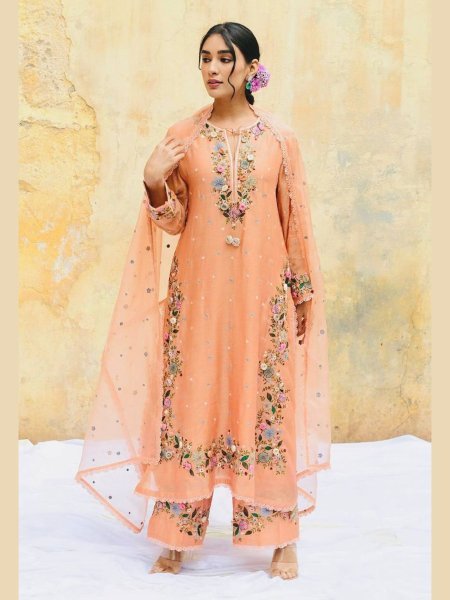 Stunning Peach Georgette Suit Set with Lace Border Dupatta for Premium Occasion Wear Embroidery Kurtis 