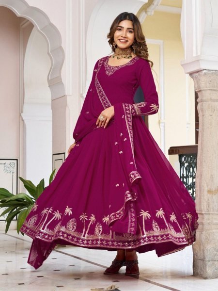 Stunning Pink  Front and Back Thread with Embroidery Work Gown with Pant & Dupatta for Wedding Wear  Kurtis