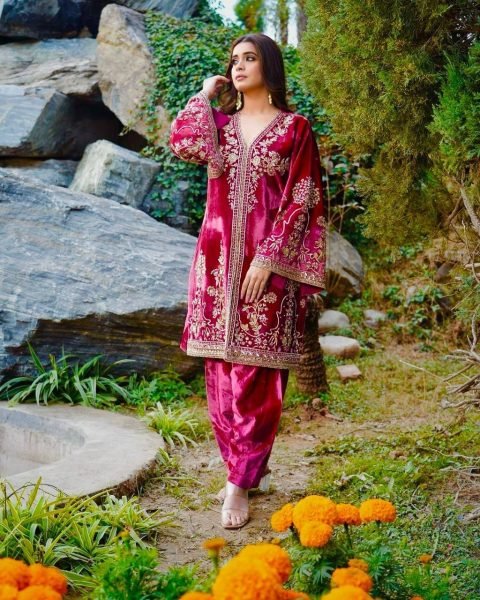 Stunning Pink Velvet Kurti-Plazzo Set with Georgette Dupatta and Sequin Embroidery Work Ready To Wear Collection