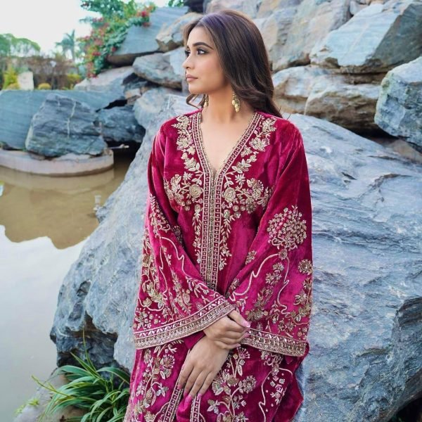 Stunning Pink Velvet Kurti-Plazzo Set with Georgette Dupatta and Sequin Embroidery Work Ready To Wear Collection