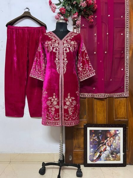 Stunning Pink Velvet Kurti-Plazzo Set with Georgette Dupatta and Sequin Embroidery Work Ready To Wear Collection