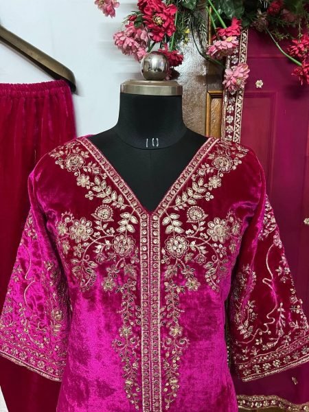 Stunning Pink Velvet Kurti-Plazzo Set with Georgette Dupatta and Sequin Embroidery Work Ready To Wear Collection