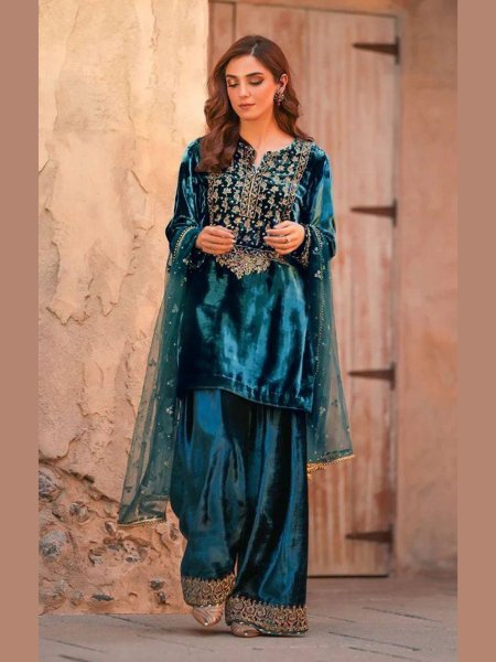 Stunning Velvet Embroidered Kurti Plazzo Set with Dupatta for Bulk Buyers at Manufacturer Rate 