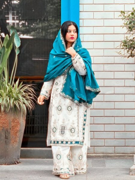 Stunning White and Teal Embroidered Salwar Suit with Palazzo Perfect for Celebrations Ready To Wear Suit