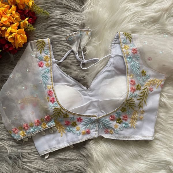 Stunning White Silk Bridal Blouse with V-Neck Floral Embroidery, Handmade Hooks & Lace Detailing Ready-to-Wear  Blouse Collection