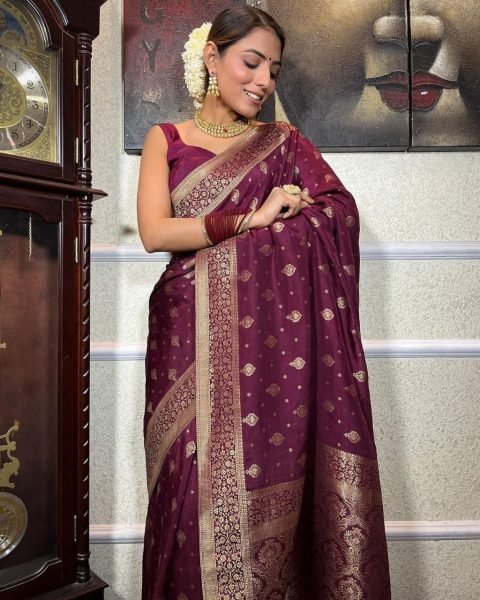 Stunning Wine Color  Banarasi Soft Silk Saree  Banarasi Saree Wholesale