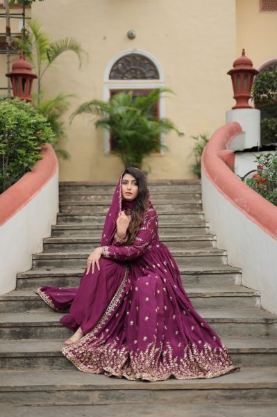 Stunning Wine Color Chinon Designer Embroidered Salwar Suit 3 Piece Kurti Set