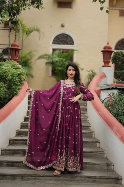 Stunning Wine Color Chinon Designer Embroidered Salwar Suit 3 Piece Kurti Set