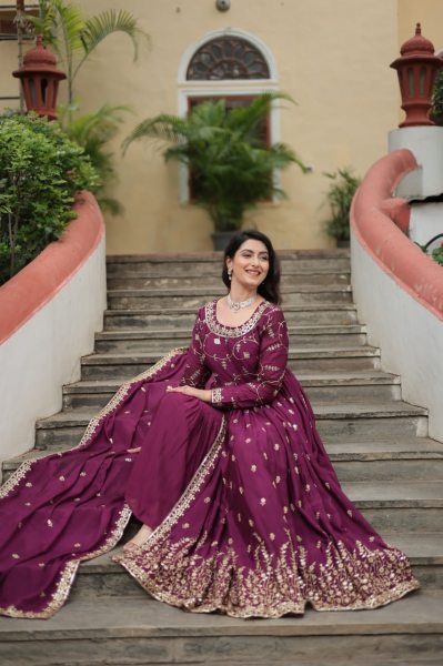 Stunning Wine Color Chinon Designer Embroidered Salwar Suit 3 Piece Kurti Set