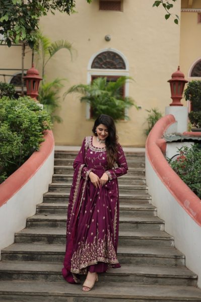 Stunning Wine Color Chinon Designer Embroidered Salwar Suit 3 Piece Kurti Set